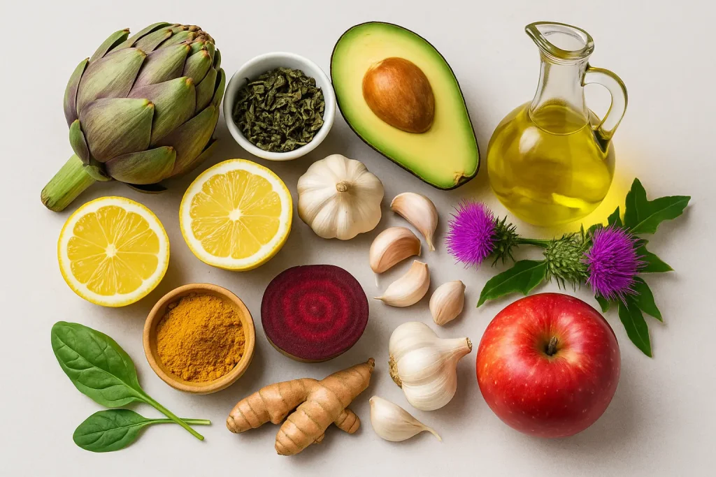 Assortiment d’aliments naturels comme le citron, l’artichaut, l’ail, le curcuma, l’avocat et le thé vert, connus pour leurs bienfaits sur le foie