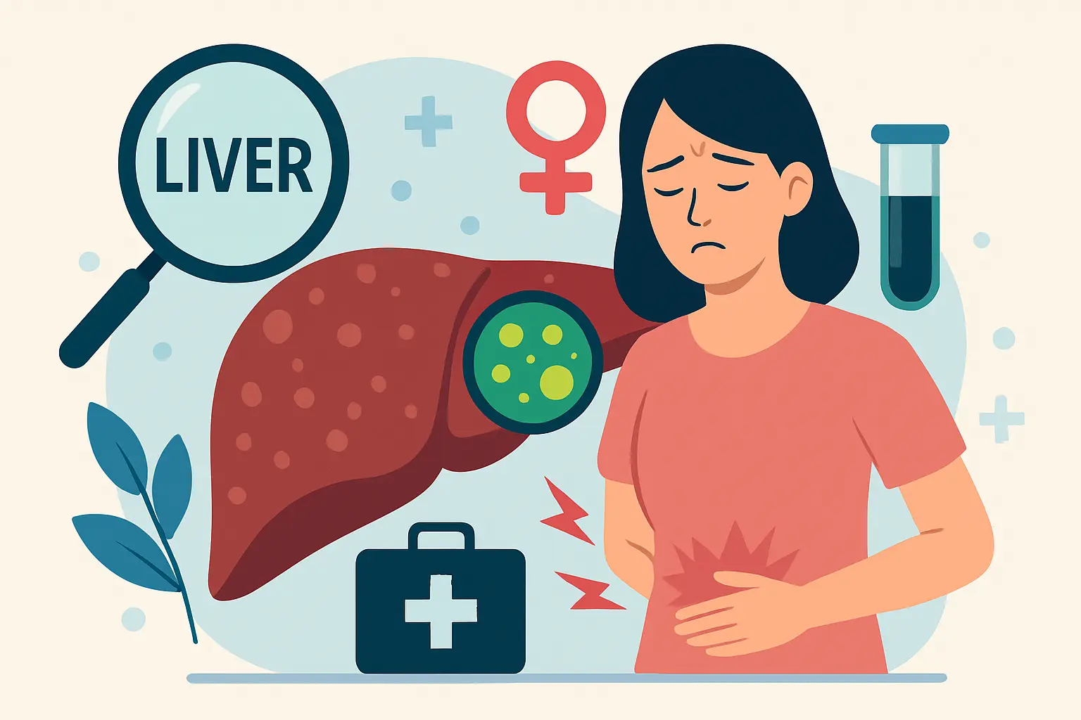 Illustration médicale du foie mettant en évidence les symptômes chez la femme