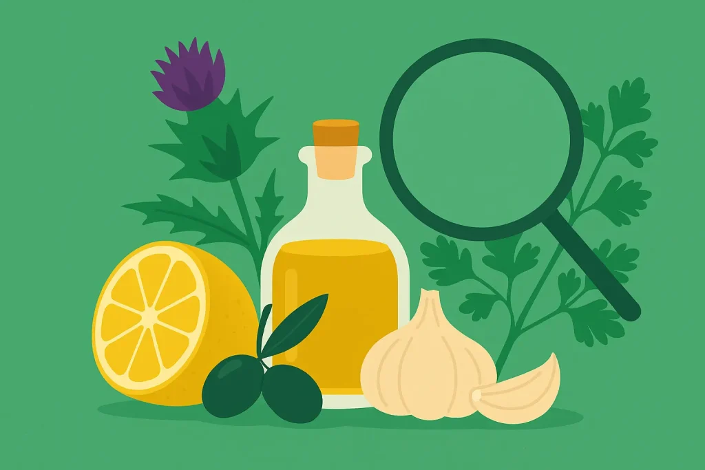 Illustration d'ingrédients naturels pour détoxifier le foie : citron, ail, huile d’olive, persil et chardon-marie