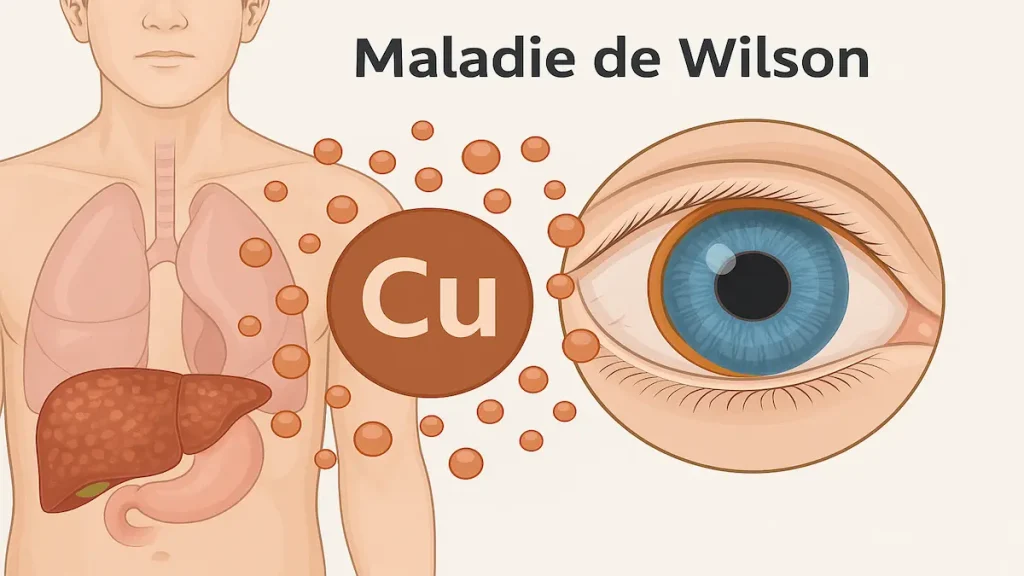 Illustration médicale représentant la maladie de Wilson avec foie affecté par l’accumulation de cuivre et œil montrant un anneau de Kayser-Fleischer