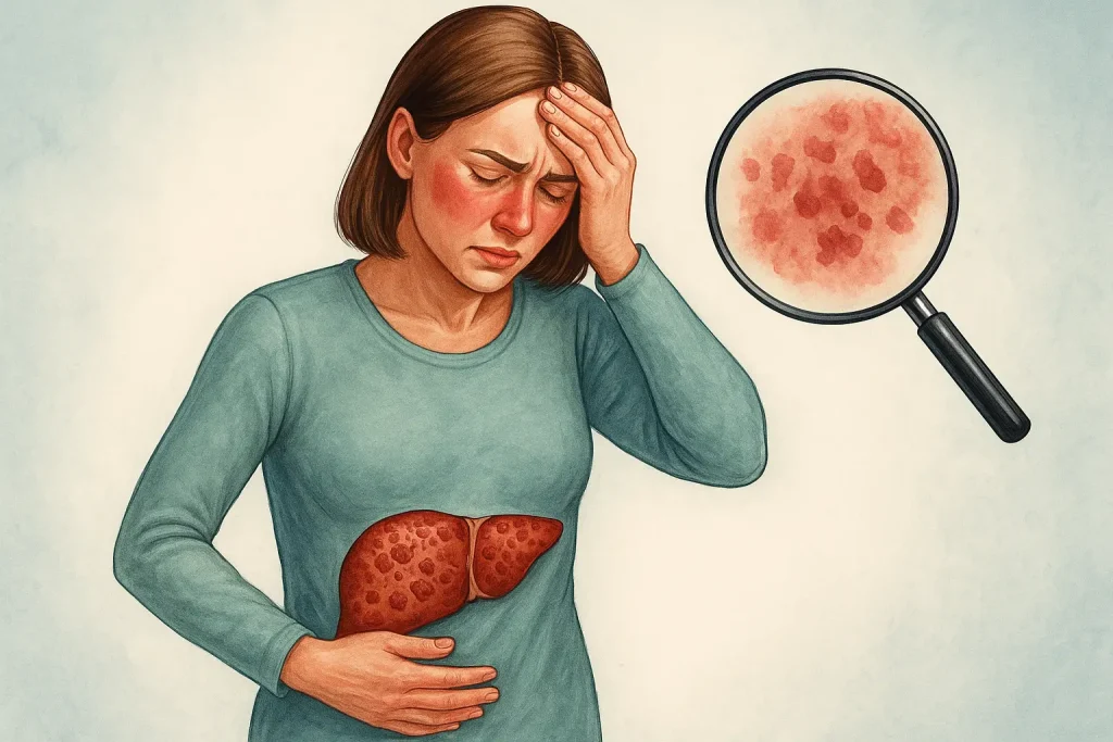 Illustration médicale du foie et des symptômes chez la femme – maladie du foie femme symptômes